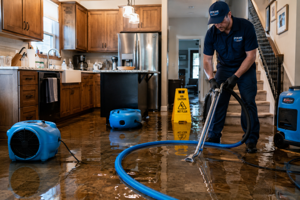 Burst pipe water damage cleanup in a Spokane home.