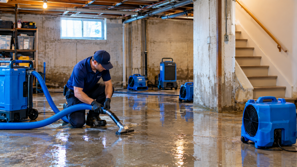 Basement water damage restoration with drying equipment in spokane