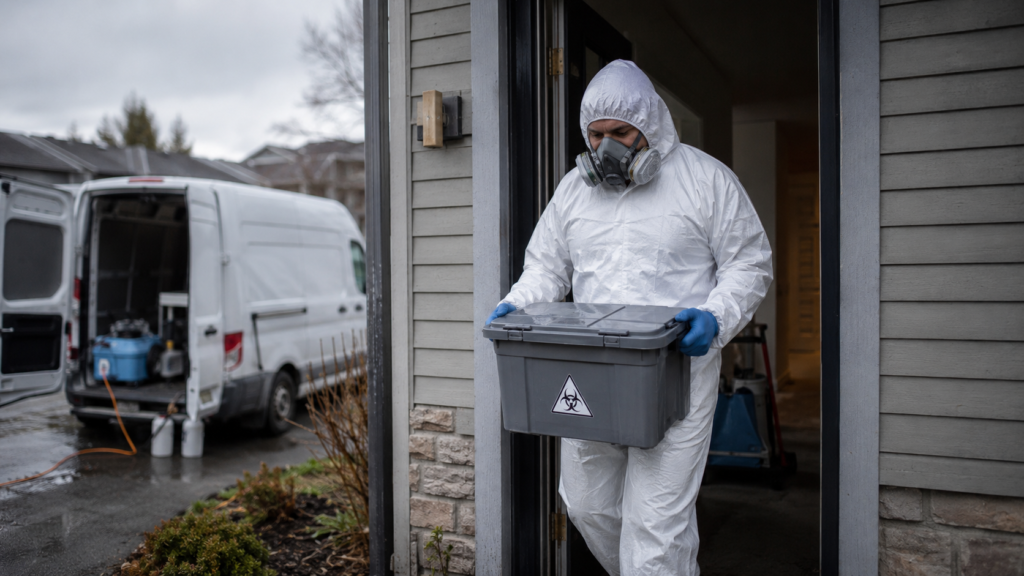 Biohazard cleaning services Spokane technician in protective gear.