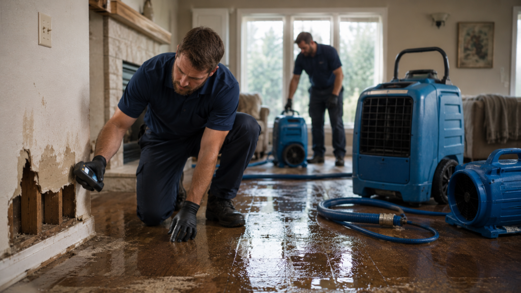 Disaster restoration team responding to water damage in Spokane home