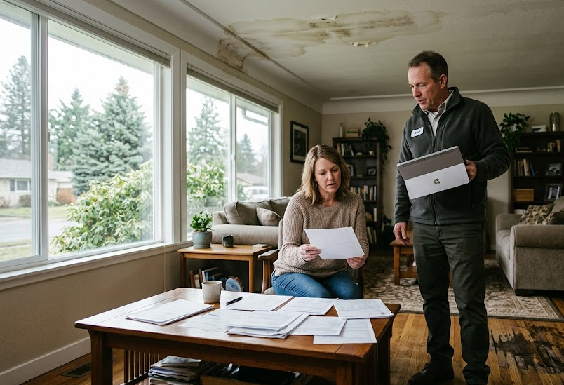 Homeowner discussing a water damage insurance claim in Spokane