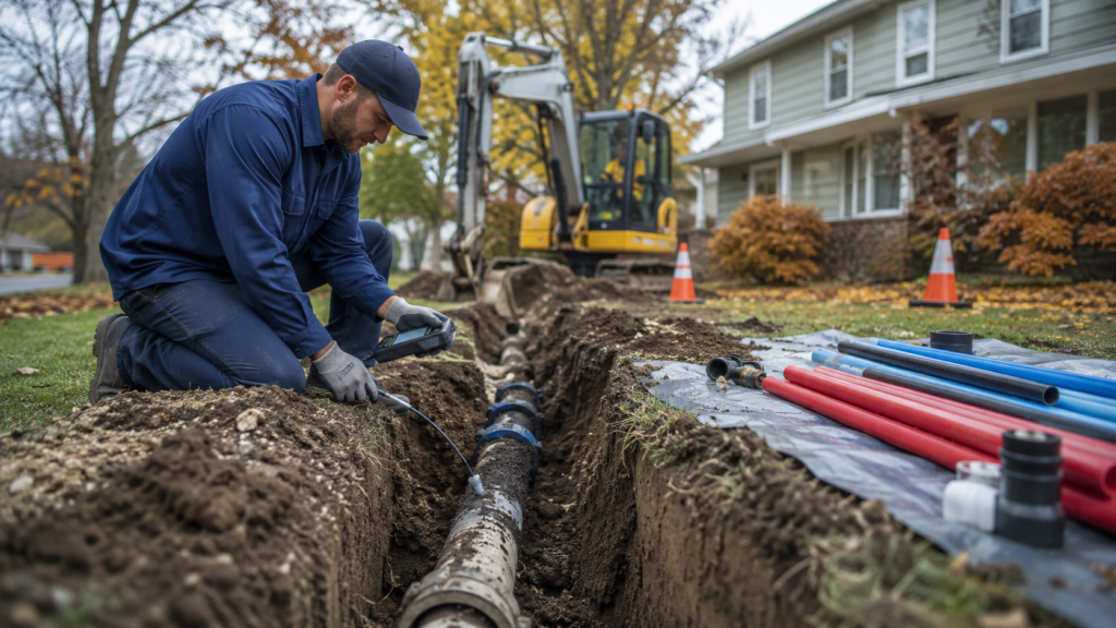Main water line break repair Spokane technician at excavation site