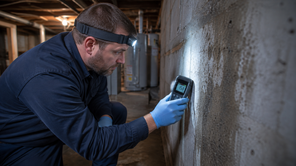 Mold inspection Spokane technician testing basement moisture