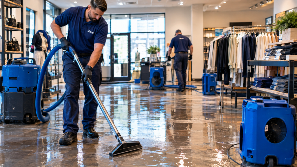 Store water damage restoration with extraction equipment