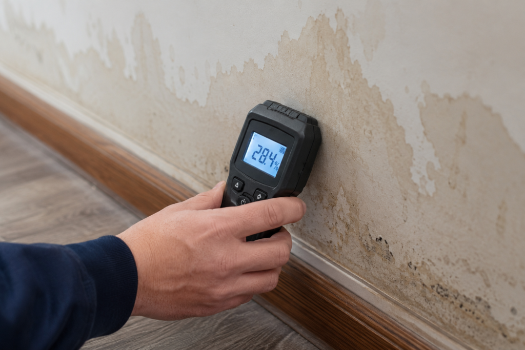 Technician performing water damage inspection with moisture meter