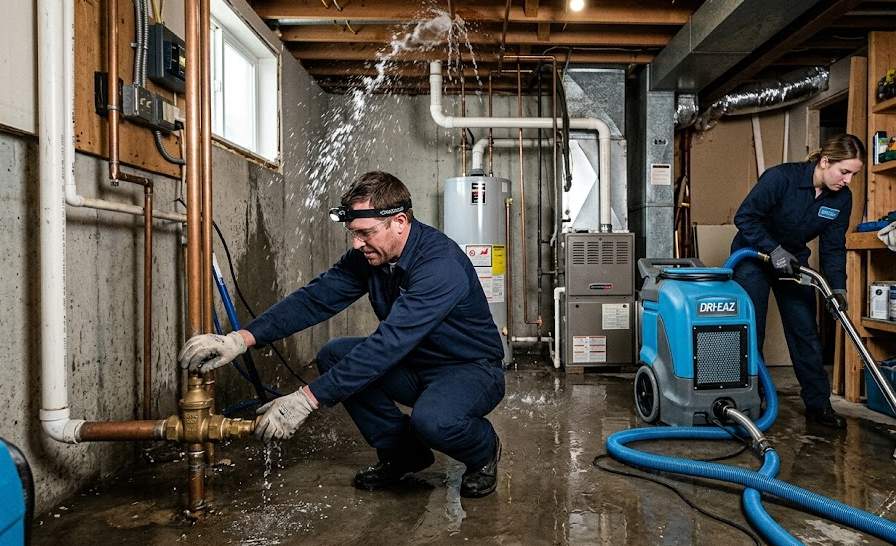 Technician responding to a burst pipe water emergency in Spokane.