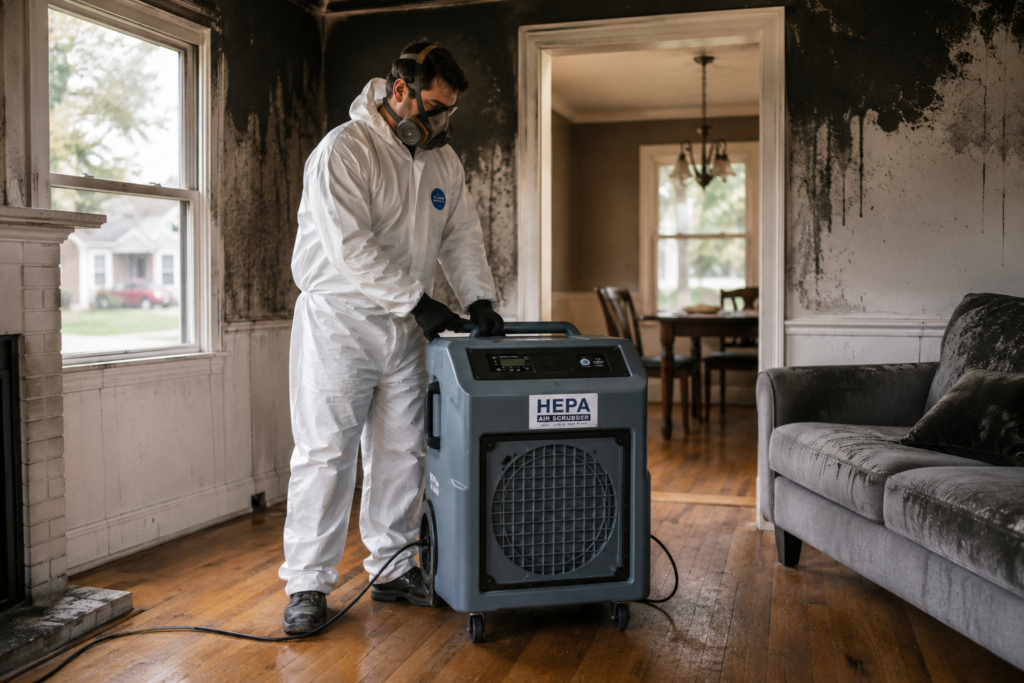 Technician using HEPA air scrubber for smoke odor removal in Spokane home