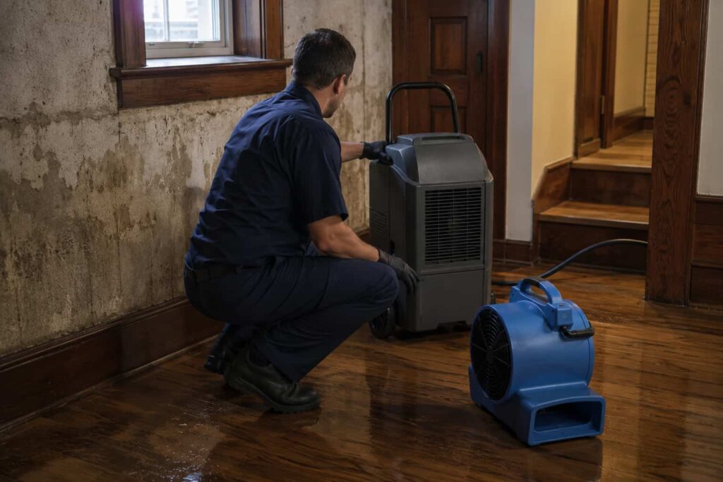 Water damage restoration-technician-working in a Rockwood Spokane home basement