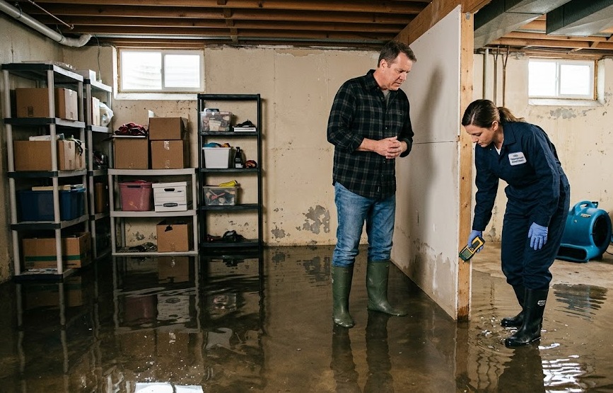 looded Spokane basement being inspected by a restoration technician.