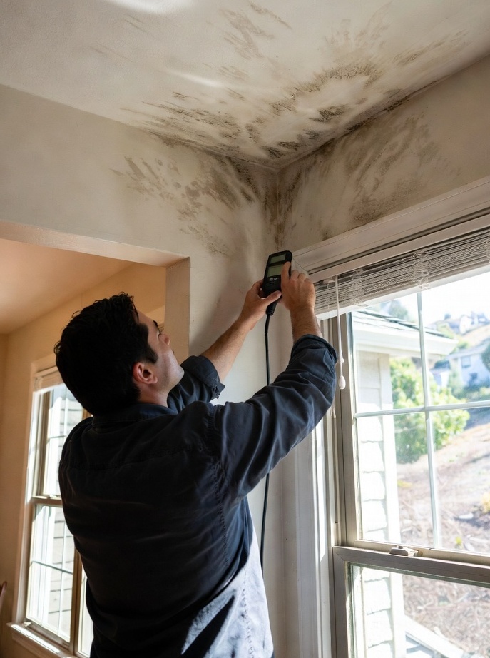 Technician inspecting water damage in a South Hill