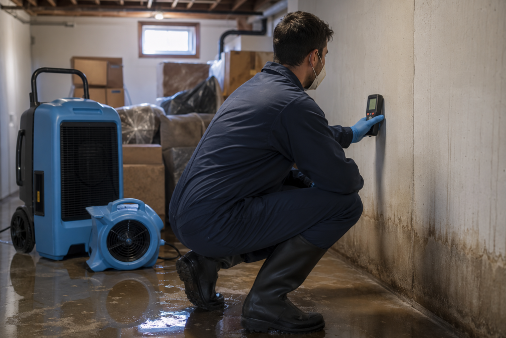 Technician checking basement wall moisture during water damage inspection in Spokane