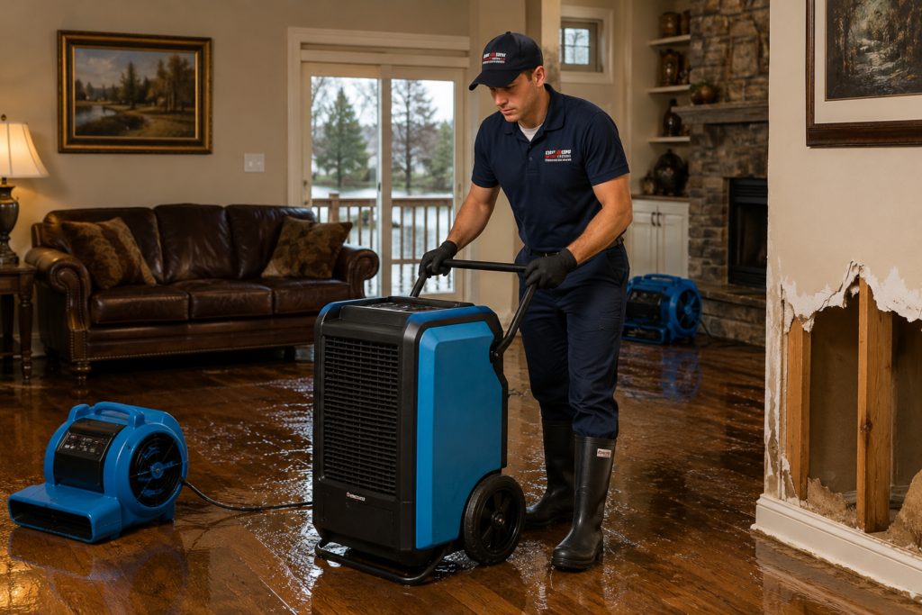 Technician drying water damage in a flooded Spokane home.