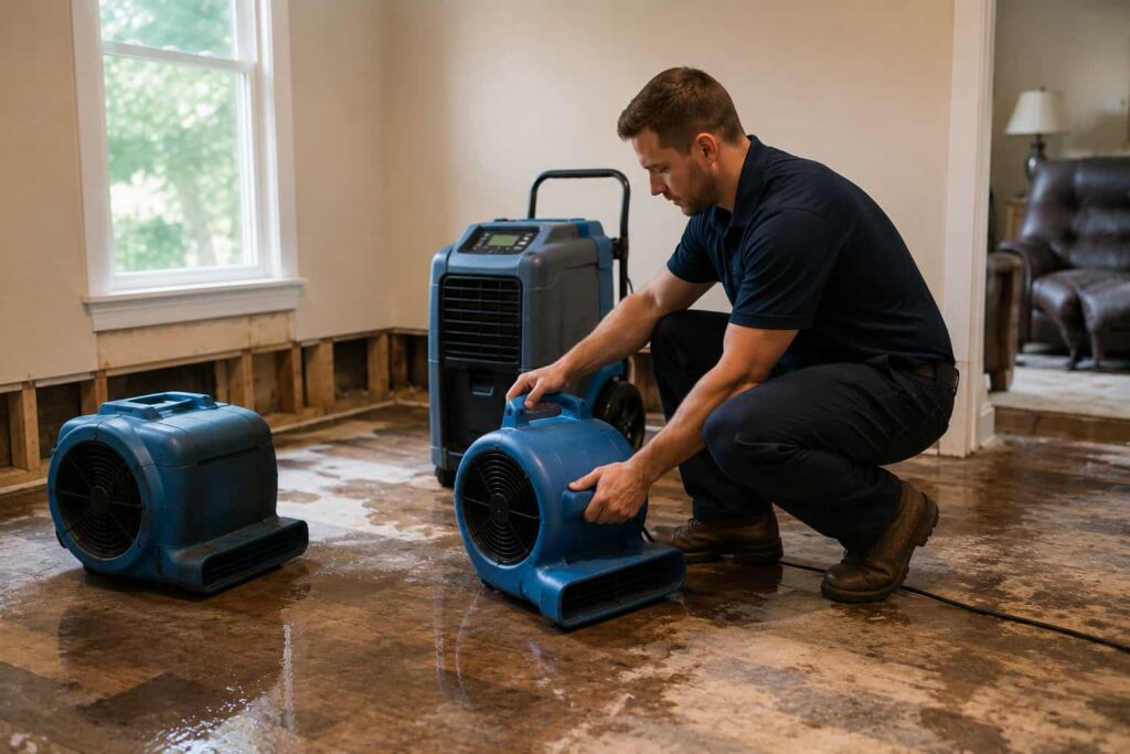 Technician drying water damaged room with fans in Spokane