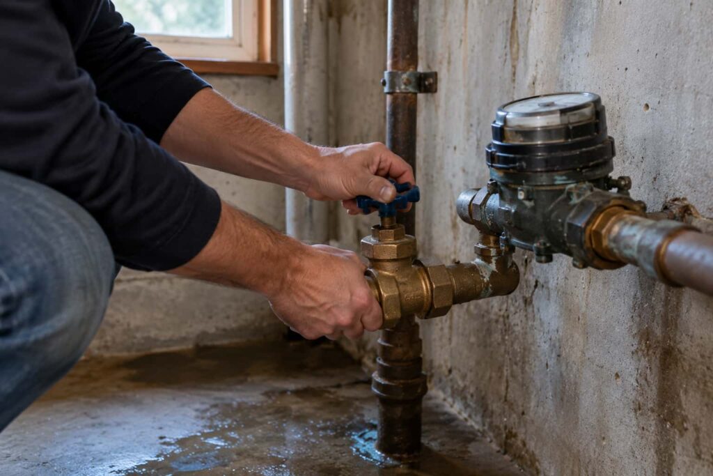 Homeowner shutting off the main water valve near the water meter in spokane